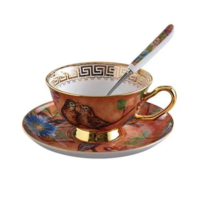 Image of Eplze YBK Tech Euro Style Cup&amp; Saucer Set, Bone China Teacup Coffee Cup for Breakfast Home Kitchen Birds and Trees Patterns (Orange)