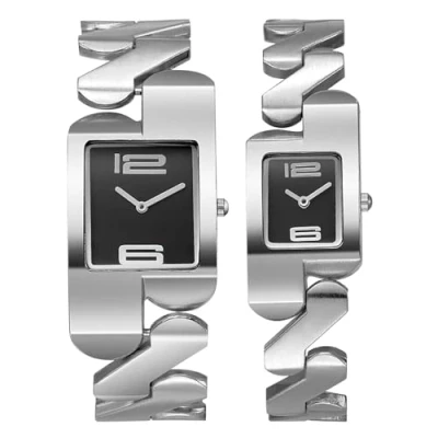 Image of JewelryWe Couple Square Watch Set: Her and His Silver Luxury Quartz Analog Geometric Strap Sunray Dial Casual Wrist