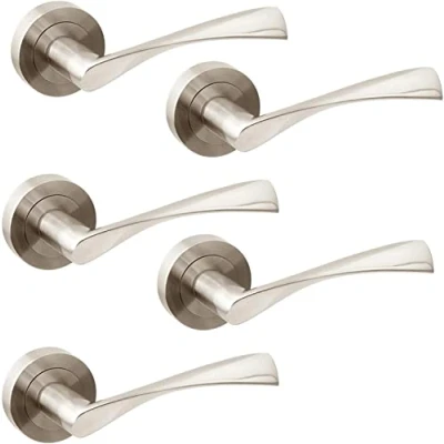 Image of Jdel Set of 5 Interior Door Handles for Passage with 50mm Rosette Aluminium Satin Nickel