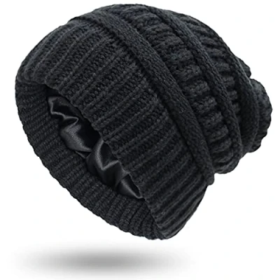 Image of XRDSS Women Warm Winter Hats Unisex Satin Lined Slouchy Cable Knitted Beanie Hat (Black)