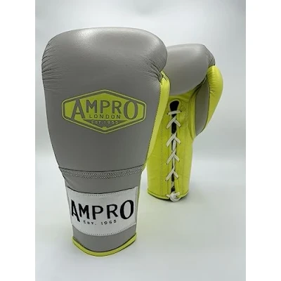 Image of Ampro Hybrid Powertech Lace Up Sparring Glove Sparring/Bag/Spar/Boxing/Training (Grey/Lime, 16oz)
