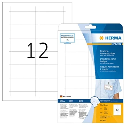 Image of HERMA Name Badge Insert Refills, 12 Pieces Labels per A4 Sheet, 25 Sheets, 75 x 40 mm, 300 Pieces, Blank Inserts for Badges, Printable Card Laser &amp; Inkjet Printer, White