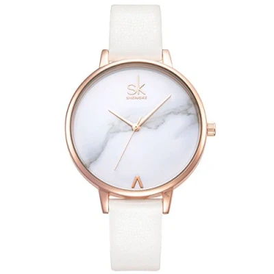 Image of Alienwork Women&#039;s Watch Rose Gold Leather Strap White Ultra Thin Elegant