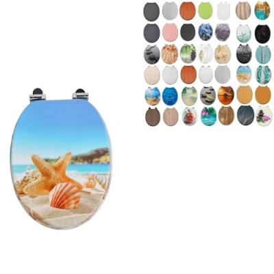 Image of 18&quot; MDF Toilet SEAT Universal Adjustable Fit Most Toilets Oval Seat┃Bathroom Standard Wooden WC +Fittings (Beach Starfish &amp; Seashell)