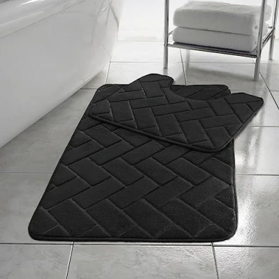 Image of HomeSpace Direct Blocks Non Slip Memory Foam Bath Mat/Toilet Mat Set Black