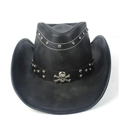 Image of LIOONS 100% Leather Women Men Black Western Cowboy Hat with Roll Up Brim Punk Belt Jazz Sombrero Cap Dad