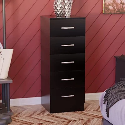 Image of Vida Designs 5 Drawer Narrow Chest Tall Bedroom Storage Unit Sliding Drawers Furniture (Black)