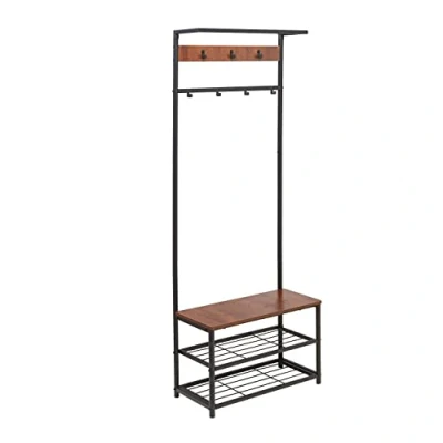 Image of Amazon Basics 7 Hook Coat Rack with Shoe Bench and 3 Tier Storage, Black, 70.1 x 32 180.3 cm
