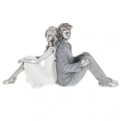 Image of Shudehill Giftware Moonlight Couple Ornament Brushed Silver Metalic Effect Sitting Thinking, Relaxing, Embracing, Kissing and More Poses (Sitting Back To Back)