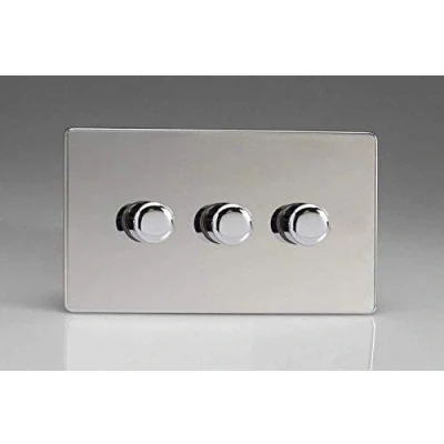 Image of Varilight 3 Gang 2 Way V Pro Push On/Off Rotary LED Dimmer x 0 120W (Twin Plate) Polished Chrome