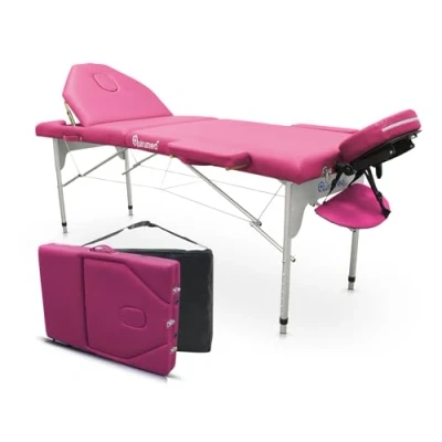 Image of QUIRUMED Pro Aluminium Folding Massage Table 186 x 66 cm with Back, Pink Leatherette, Facial Hole, Removable Head, Adjustable in Height, 2 Bodies, Up to 150 kg
