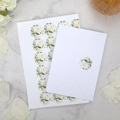 Image of Dotty about Paper White Flower Garland Wedding Envelope Seals Pack of 48. Floral, Greenery, Foliage, Elegant. Pefect for Friends and Family. Self Adhesive, Add Finishing Touches