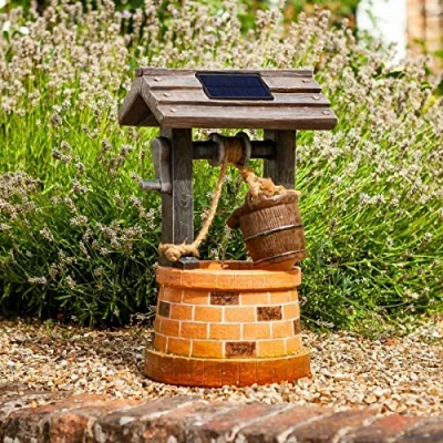 Image of Festive Lights Solar Wishing Well Water Fountain Outdoor Garden Ornamental Feature Brown