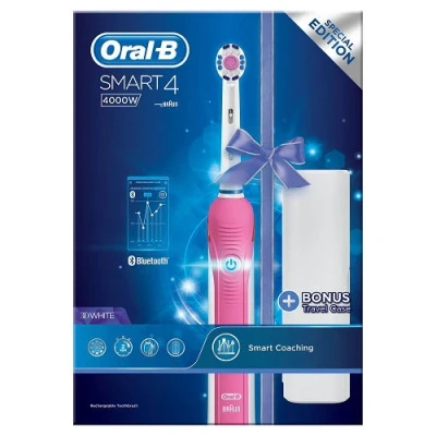 Image of Oral B Smart 4 3D White Electric Toothbrushes For Adults, Mothers Day Gifts Her / Him, App Connected Handle, 2 Toothbrush Heads &amp; Travel Case, 3 Modes, Teeth Whitening, Pin UK Plug, Pink