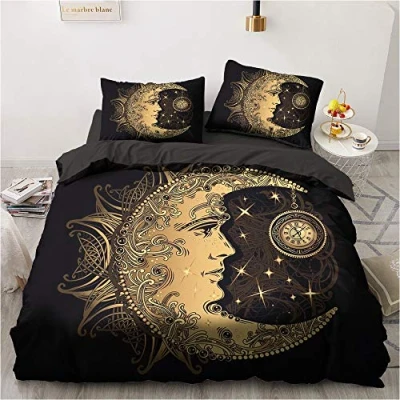 Image of Luowei Sun and Moon Bed Linen 135 x 200 cm Black Gold Bohemian Mandala Duvet Cover Soft Microfibre with Zip Pillowcase 80