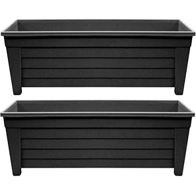 Image of Optimal Products Long Trough/Oval/Square Plant Pot Plastic Planter Indoor Home Outdoor Garden Window Herb Flower Box (55cm Trough Ebony, 2)