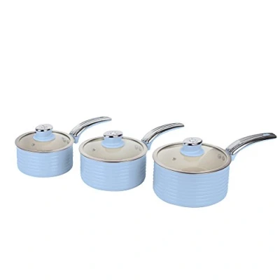 Image of Swan SWPS3020BLN Retro Induction Saucepan Set With Glass Lids, Non Stick Ceramic Coating, Easy to Clean, Blue, 3 Piece, 16/18/20 cm