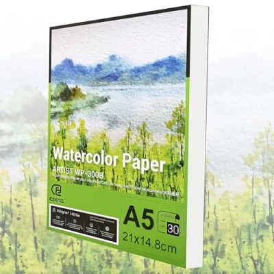 Image of ESENG® Premium Watercolour Paper DIN A5, 100% Cotton 30 x Sheets 300 GSM White, Pad, Painting Pad for Watercolour, Drawing,