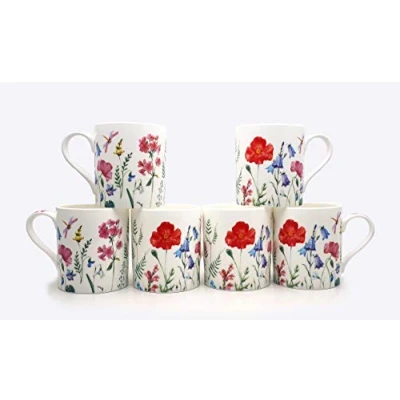 Image of Set of 6 FINE Bone China Garden Spring Flowers 8OZ Mugs Free UK DELIVERY