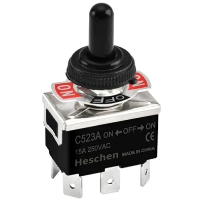 Image of Heschen Metal Toggle Switch, C523A, DPDT, Maintained, ON/OFF/ON 3 position, 15A 250VAC, 6 Tab Terminal, CE, with Waterproof Cap (1)