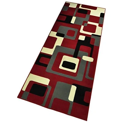 Image of HANSE Home Retro Living Room Rug Short Pile Graphic Pattern Modern Abstract Design Velour for Dining Room, Children&#039;s Hallway, Bedroom, Kitchen Red Grey, 80 x 300 cm