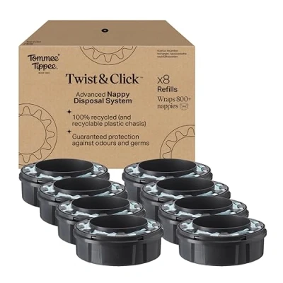 Image of Tommee Tippee Twist and Click Advanced Nappy Bin Original refill Cassettes, Exclusive Pack of 8, for Easy Great value (pack may vary)