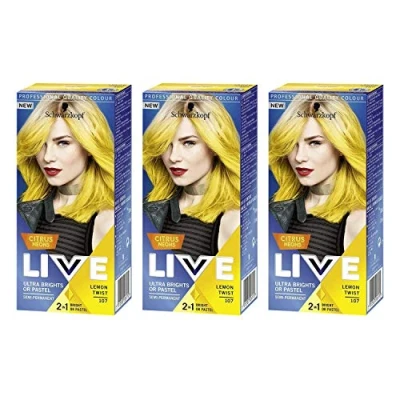 Image of Schwarzkopf LIVE Ultra Brights or Pastel Citrus Neons Lemon Twist 107 Semi Permanent Hair Dye, Pack of 3