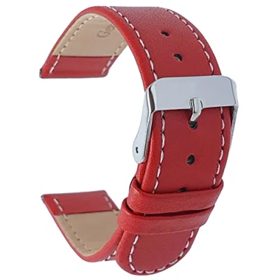 Image of Talk Time Red Leather Glove Grain Watch Strap with White Stitching 16mm