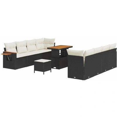 Image of vidaXL 11 Piece Garden Sofa Set with Cushions Black Poly Rattan Acacia