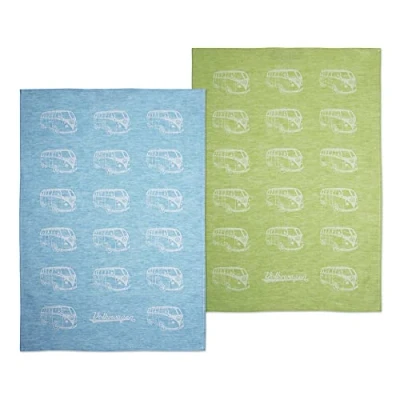 Image of BRISA VW Collection Volkswagen Dish Drying Kitchen Tea Towel 2 piece Set Cotton and Linen in T1 Bus Campervan Design (Bus Parade/Green)