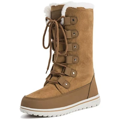 Image of Polar Boot Womens Tall Durable Faux Fur Winter Rain Snow Waterproof Outdoor Calf Boots, 6 UK, Tan Suede