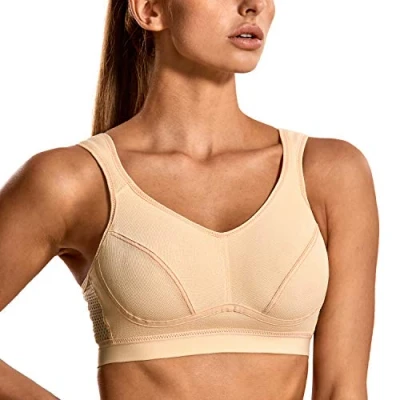 Image of SYROKAN Women&#039;s Comfort Sports Bra High Impact for Large Breasts Wireless Stretch Support Bounce Control Beige 36C