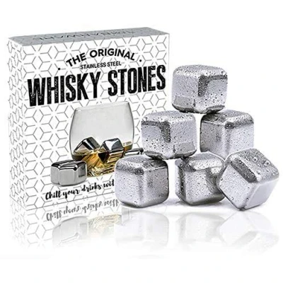 Image of FLOW Barware Stainless Steel Ice Cubes 6 x Whisky Stones for Drinks Whiskey, Wine &amp; Gin Tonic Metal with Quick Freeze Gel Silver