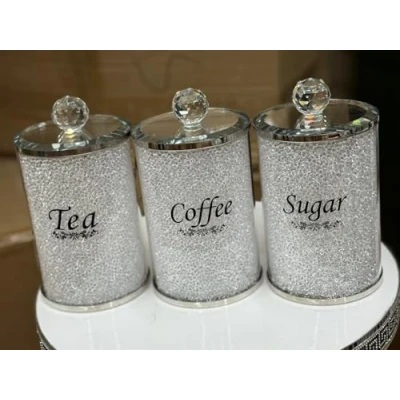 Image of BML Diamond Crushed Tea Coffee Sugar Canisters Jars Kitchen Sparkle Kitchenware Storage Silver Trimmings Crystal Modern Containers Filled Black Writing (White Set)
