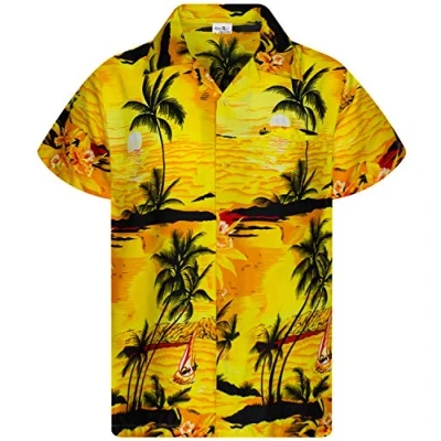 Image of King Kameha Men JK Surf Ugly Shirt Regular Button Down Short Sleeve Hawaii Shirt, Surf, Yellow, L