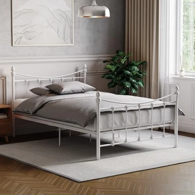 Image of Vida Designs Paris Small Double Bed, 4ft Bed Frame Metal Headboard High Foot End Bedroom Furniture, White
