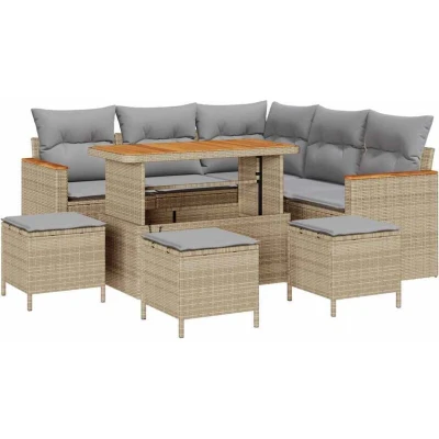 Image of vidaXL 9 Piece Garden Sofa Set with Cushions Beige Poly Rattan Acacia