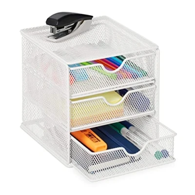 Image of Relaxdays Desk Organiser, 3 Compartments, Drawers, Mesh Design, H x W D: 17 16 cm, Metal, White, Steel