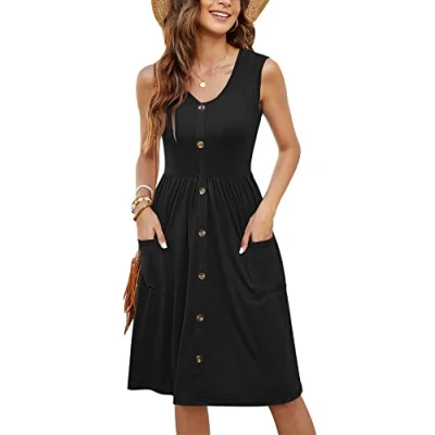 Image of Molerani Summer Dress for Women Sleeveless Ladies V Neck Beach Swing Button Midi Sundress with Pockets Black 12 14 M