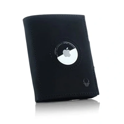 Image of DONBOLSO AirTag Wallet 9x7 cm Slim Leather Compatible with Apple AirTag, RFID Protection, Coin Pocket and Card Holder Stylish Men&#039;s Accessory Holds up to 11 Cards Vintage Black
