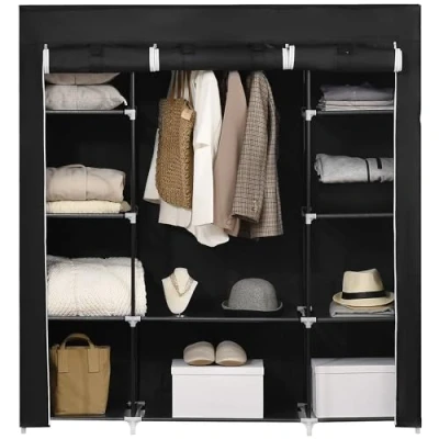 Image of HOMCOM Portable Wardrobe, Foldable Fabric 150 x 43 162.5cm, Clothes Storage Organiser with Hanging Rail, Shelves, Cover for Bedroom, Black