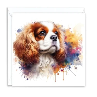 Image of King Charles Spaniel Dog Watercolour Splash Effect Artistic Blank Greeting Card