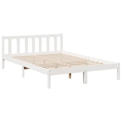 Image of vidaXL Extra Long Double Bed Frame White Solid Pine Wood 140x220 cm Sturdy Wooden Legs Slats for Optimal Mattress Support No Box Spring Needed Requires Assembly