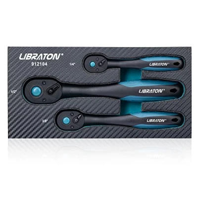 Image of Libraton Ratchet Handle, 3 PCS 1/4&quot;, 3/8&quot;, 1/2&quot; Heavy Duty Drive Socket Wrench with Quick Release Head, 72 Teeth, Reversible Design, Comfort Grip for Car Repair, EVA Organizer