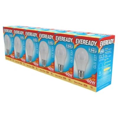 Image of Eveready GLS E27 LED Bulb 8.8W Replaces 60W Warm White (3000k) 806 Lumens Non Dimmable Light Bulb. Pack of 6 Bulbs.