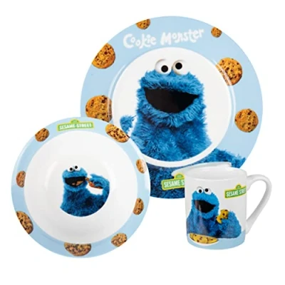 Image of Sesame Street Breakfast Set Cookie Monster Children&#039;s Tableware 3 Piece Porcelain Blue Plate, Bowl &amp; Cup