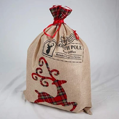 Image of SHATCHI Large Santa Sack Stocking Printed Pattern Burlap Hessian Linen Xmas Sock Christmas Hanging Gift Bags Home Decorations, 70x50cm