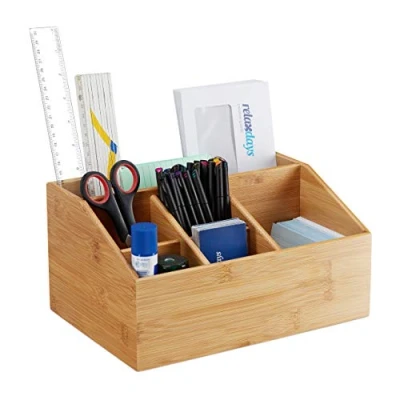 Image of Relaxdays Bamboo Organizer, 6 Compartments, With Pen Holder, A5 Letter Rack, Office Tidy, HWD 14x28x19.5 cm, Natural, 1 Item,10028807