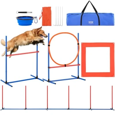Image of VEVOR Dog Agility Training Equipment, 4 PCS Set with Adjustable High Hurdles,6 Weave Poles,Jump Ring,Square Pause Box,Whistle,Foldable Bowl, Puppy Obstacle Course Kit for Backyard, Indoor, Outdoor