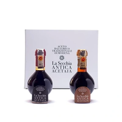 Image of La Secchia &quot;Duetto&quot; of Traditional Balsamic Vinegar Modena DOP with Aging 20 and 35 Years, Two Bottles 100 ml Glass Dosing Cap
